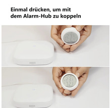 Darstellung der Kopplung eines digitalen Hygrometers mit einem Alarm-Hub durch einmaliges Drücken.
