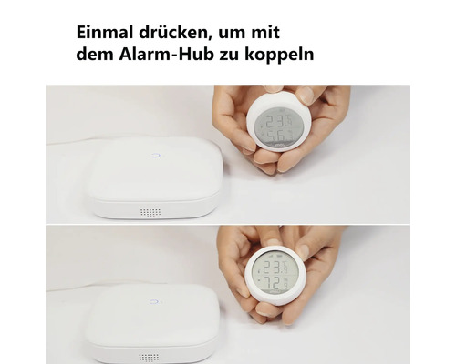 Darstellung der Kopplung eines digitalen Hygrometers mit einem Alarm-Hub durch einmaliges Drücken.