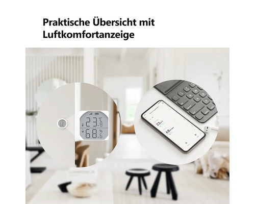 Digitales Thermo-Hygrometer mit App-Steuerung zeigt 23,8 Grad Celsius und 68,6 Prozent Luftfeuchtigkeit in hellem modernem Wohnraum an.