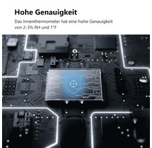 Nahaufnahme eines Sensorchips für Innenthermometer mit einer Genauigkeit von 2 bis 3 Prozent relativer Luftfeuchtigkeit und 1 Grad Fahrenheit.
