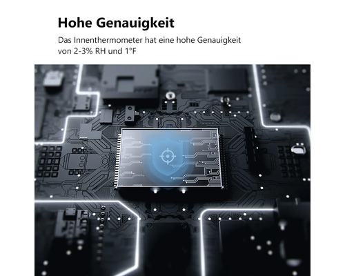Nahaufnahme eines Sensorchips für Innenthermometer mit einer Genauigkeit von 2 bis 3 Prozent relativer Luftfeuchtigkeit und 1 Grad Fahrenheit.