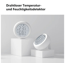 Drahtloser Temperatur- und Feuchtigkeitsdetektor von Imou mit Digitalanzeige für Temperatur in Grad Celsius und Luftfeuchtigkeit in Prozent.