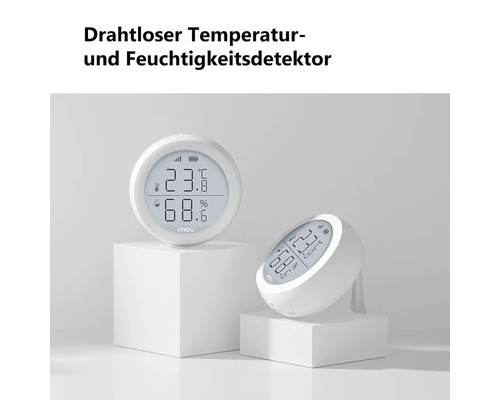 Drahtloser Temperatur- und Feuchtigkeitsdetektor von Imou mit Digitalanzeige für Temperatur in Grad Celsius und Luftfeuchtigkeit in Prozent.