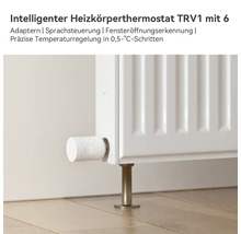 Intelligenter Heizkörperthermostat TRV1 montiert an einem weißen Heizkörper mit digitaler Temperaturanzeige.