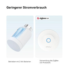 Imou smarter Heizkörperthermostat mit zwei AA-Batterien und Zigbee 3.0 Gateway für geringeren Stromverbrauch.