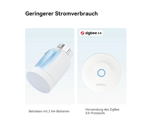 Imou smarter Heizkörperthermostat mit zwei AA-Batterien und Zigbee 3.0 Gateway für geringeren Stromverbrauch.