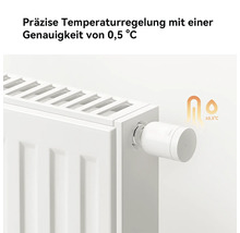 Intelligentes Heizkörperthermostat an einem Heizkörper montiert mit präziser Temperaturregelung von plus minus null Komma fünf Grad Celsius.