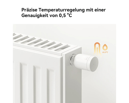Intelligentes Heizkörperthermostat an einem Heizkörper montiert mit präziser Temperaturregelung von plus minus null Komma fünf Grad Celsius.