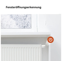 Smartes Heizkörperthermostat mit Fenster-offen-Erkennung an einem Heizkörper unter einem Fenster.