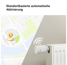 Smarter Heizkörperthermostat von Imou mit standortbasierter automatischer Aktivierung, Anzeige von 28.5 Grad Celsius und Kartendarstellung.