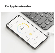 Smartphone mit einer App zur Heizungssteuerung, die eine Temperatur von 24,5 Grad Celsius und verschiedene Voreinstellungen anzeigt.