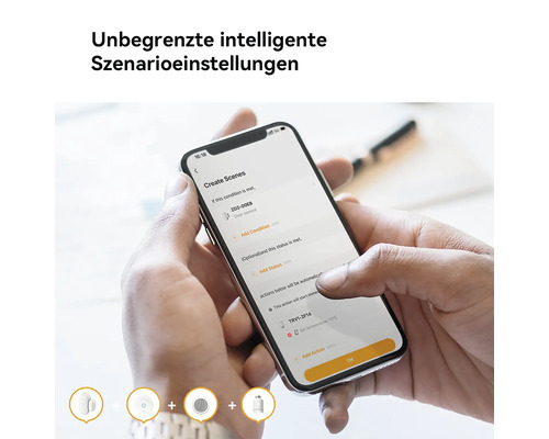 Smartphone-App zeigt die Erstellung von intelligenten Szenarien für das Smart Home, gehalten von zwei Händen.