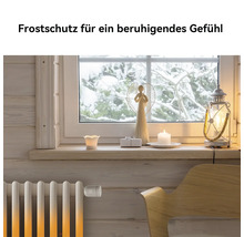 Weißer Heizkörper mit silbernem elektronischem Heizkörperthermostat in einem hellen Raum mit winterlichem Fensterblick und Dekoration.