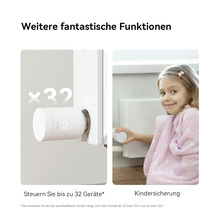 Smartes Heizkörperthermostat mit Digitalanzeige, Steuerung von bis zu 32 Geräten und Kindersicherung.