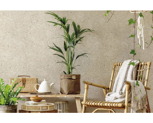 Tapete in Steinoptik an einer Wand in einem hellen Wohnraum mit einem Rattanstuhl, einer Decke und Zimmerpflanzen auf einer Holzbank.