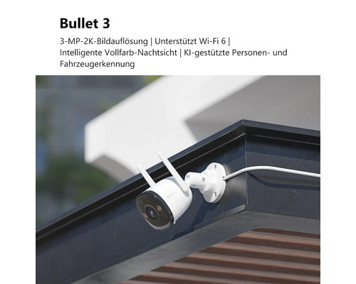 Imou Bullet 3 Überwachungskamera für außen, 3 Megapixel 2K Auflösung, Wi-Fi 6, Nachtsicht und Erkennung durch künstliche Intelligenz.
