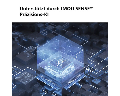 Grafik eines Prozessors mit dem IMOU SENSE Logo zur Darstellung von Präzisionstechnologie für künstliche Intelligenz.