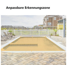 Außenbereich mit Swimmingpool und Markierung einer anpassbaren Erkennungszone für Sicherheitskameras auf der Wasseroberfläche.