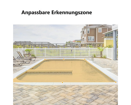 Außenbereich mit Swimmingpool und Markierung einer anpassbaren Erkennungszone für Sicherheitskameras auf der Wasseroberfläche.