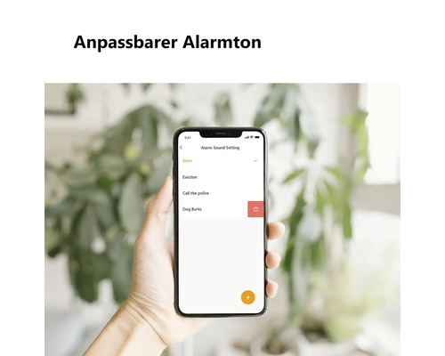 Hand hält ein Smartphone mit App-Einstellungen für einen anpassbaren Alarmton mit Optionen wie Sirene oder Hundegebell.