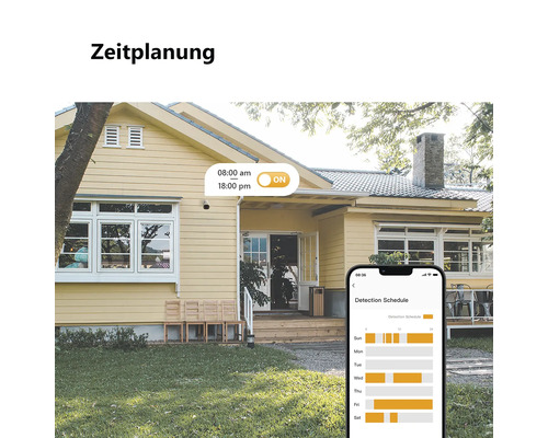 Überwachungskamera an einer Hauswand mit aktivierter Zeitplan-Funktion über eine Smartphone-App.