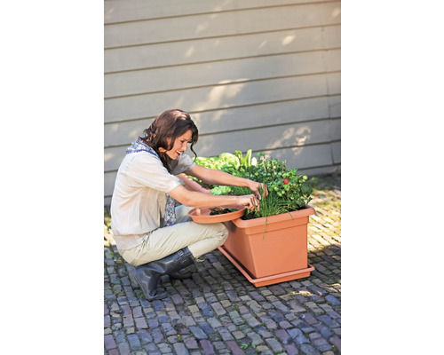Eine Frau erntet Kräuter und Gemüse aus einem rechteckigen, terrakottafarbenen Pflanzkasten auf einer gepflasterten Terrasse.