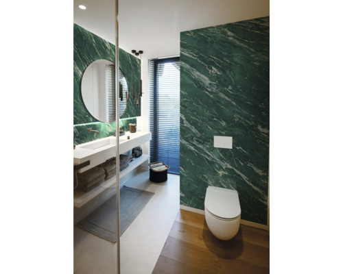 Modernes Badezimmer mit grüner Marmoroptik-Wand, weißem Waschbecken, rundem Spiegel und wandhängendem WC.