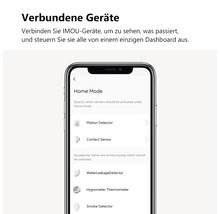 Smartphone zeigt die IMOU-App mit einer Übersicht verbundener Smart Home Geräte wie Bewegungsmelder und Rauchmelder zur zentralen Steuerung.