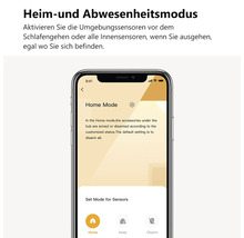 Smartphone-App zur Steuerung von Heim- und Abwesenheitsmodus für Sicherheitssensoren.
