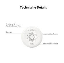 Imou Gasmelder mit Details zu Anzeige- und Reset-Taste, Summer, Gaskonvektionsfenster und Leistungsschnittstelle.
