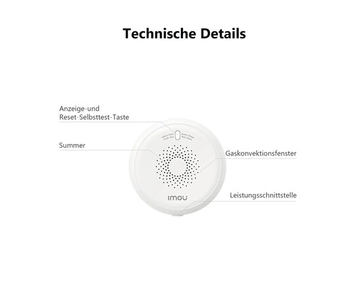 Imou Gasmelder mit Details zu Anzeige- und Reset-Taste, Summer, Gaskonvektionsfenster und Leistungsschnittstelle.