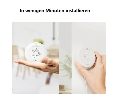 Ein runder weißer Imou Sensor wird in der Hand gehalten und zur Installation an einer Wand befestigt.