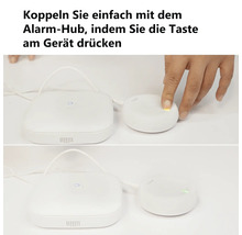 Demonstration der Kopplung eines kleinen weißen Smart-Home Geräts mit einem Alarm-Hub durch Tastendruck am Gerät.