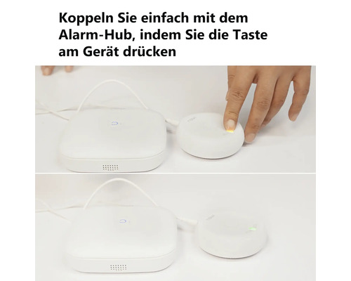 Demonstration der Kopplung eines kleinen weißen Smart-Home Geräts mit einem Alarm-Hub durch Tastendruck am Gerät.