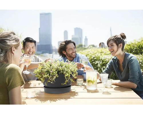 Dunkelgraue Pflanzschale mit Untersetzer auf Holztisch, im Hintergrund Freunde auf einer sonnigen Dachterrasse mit Skyline.