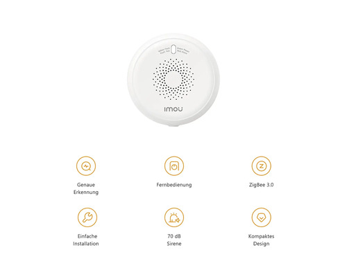 Imou smarter Rauchmelder mit ZigBee 3.0, 70 Dezibel Sirene, Fernbedienung, kompaktem Design und einfacher Montage.