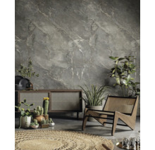 Modernes Zimmer mit grauer Wand in Marmoroptik, Holzsideboard mit Wiener Geflecht, Sessel, Kakteen in Töpfen und rundem Juteteppich.