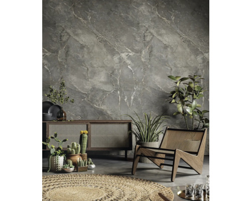 Modernes Zimmer mit grauer Wand in Marmoroptik, Holzsideboard mit Wiener Geflecht, Sessel, Kakteen in Töpfen und rundem Juteteppich.