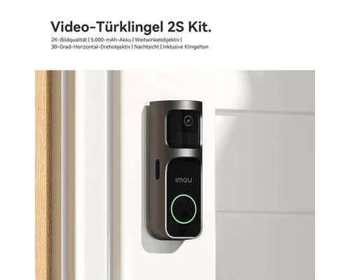 Imou Video-Türklingel 2S Kit an einer weißen Wand mit 2K-Kamera, 30-Grad-Horizontal-Drehobjektiv und kreisförmig beleuchteter Klingeltaste.