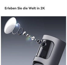 Explosionszeichnung des mehrteiligen Linsensystems einer Sicherheitskamera mit 2K-Auflösung.