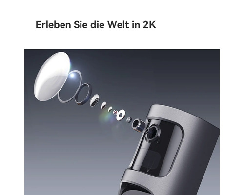 Explosionszeichnung des mehrteiligen Linsensystems einer Sicherheitskamera mit 2K-Auflösung.