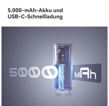 Transparentes Gerät mit 5000 Milliamperestunden Akku und USB-C-Schnellladung.
