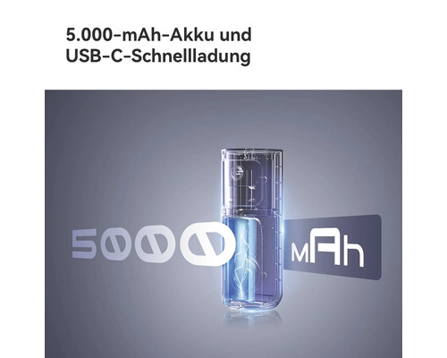 Transparentes Gerät mit 5000 Milliamperestunden Akku und USB-C-Schnellladung.