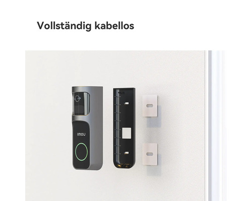 Vollständig kabellose Imou Videotürklingel mit Imou Logo, Montagehalterung und Klebestreifen zur Wandmontage.