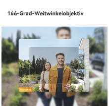 Vergleich der Kameraansichten zwischen dem 166-Grad-Weitwinkelobjektiv der Doorbell 2S und einem Standardobjektiv mit kleinerem Sichtfeld.