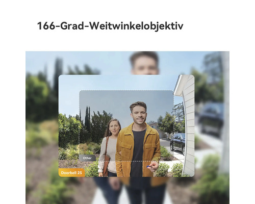 Vergleich der Kameraansichten zwischen dem 166-Grad-Weitwinkelobjektiv der Doorbell 2S und einem Standardobjektiv mit kleinerem Sichtfeld.