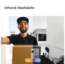 Vergleich der Videoüberwachung: Die linke Seite zeigt eine Person mit Paket bei Tag, die rechte Seite zeigt Infrarot-Nachtsicht.