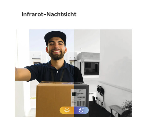 Vergleich der Videoüberwachung: Die linke Seite zeigt eine Person mit Paket bei Tag, die rechte Seite zeigt Infrarot-Nachtsicht.