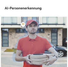 Illustration der Personenerkennung durch Künstliche Intelligenz einer Überwachungskamera mit einem Lieferanten vor einem Gebäude.