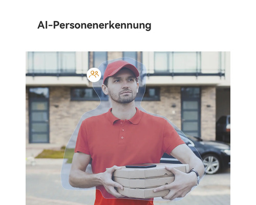 Illustration der Personenerkennung durch Künstliche Intelligenz einer Überwachungskamera mit einem Lieferanten vor einem Gebäude.